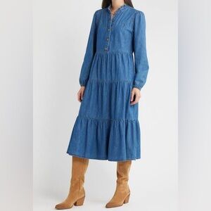 Treasure & Bond
Blue Long Sleeve Tiered Cotton Chambray Maxi Dress